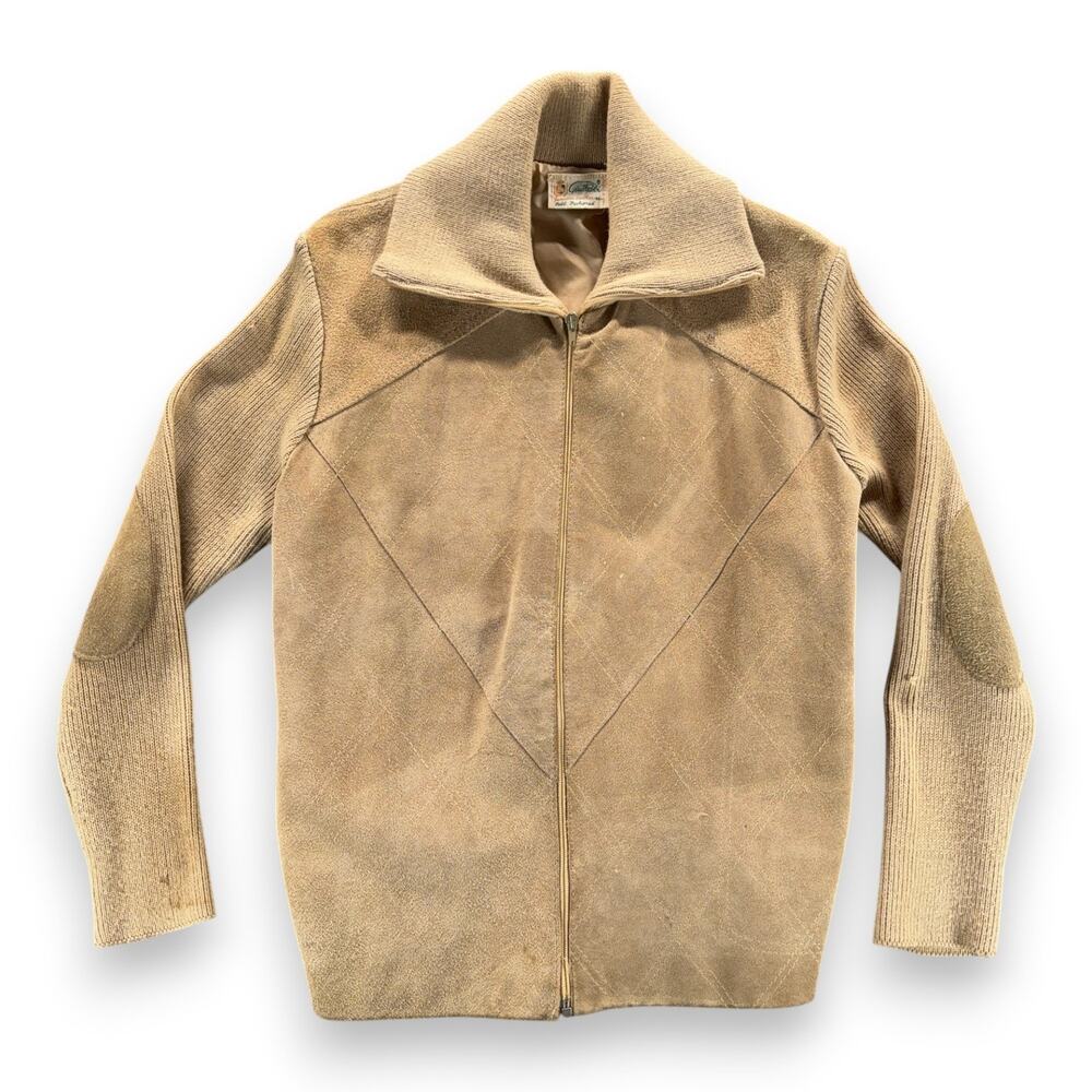 Vintage Gino Paoli Leather Jacket Adult SMALL Brown Suede Acrylic Knit 70s